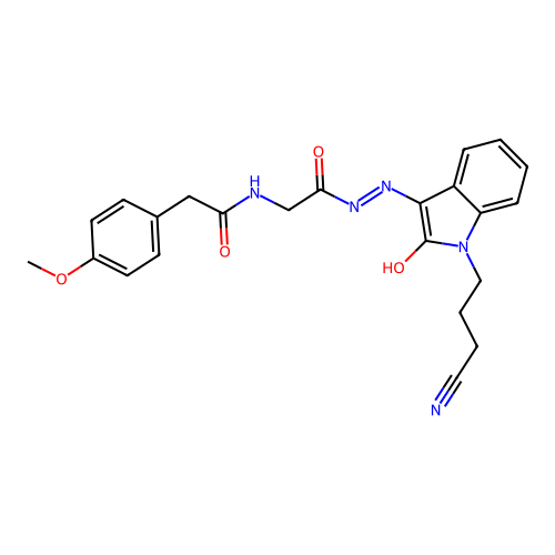 (Z)-N-(2-(2-(1-(3-cyanopropyl)-2-oxoindolin-3-ylidene)hydrazinyl)-2-oxoethyl)-2-(4-methoxyphenyl)acetamide structure