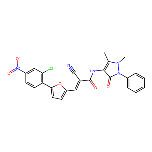(E)-3-(5-(2-chloro-4-nitrophenyl)furan-2-yl)-2-cyano-N-(1,5-dimethyl-3-oxo-2-phenyl-2,3-dihydro-1H-pyrazol-4-yl)acrylamide structure