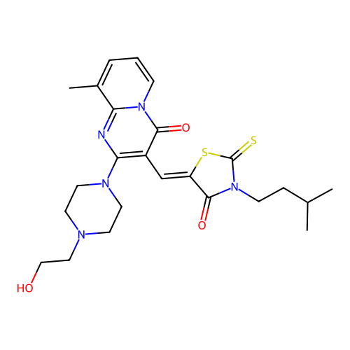 2-[4-(2-hydroxyethyl)piperazin-1-yl]-9-methyl-3-{(Z)-[3-(3-methylbutyl)-4-oxo-2-thioxo-1,3-thiazolidin-5-ylidene]methyl}-4H-pyrido[1,2-a]pyrimidin-4-one structure