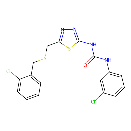 1-(3-chlorophenyl)-3-[5-[(2-chlorophenyl)methylsulfanylmethyl]-1,3,4-thiadiazol-2-yl]urea structure
