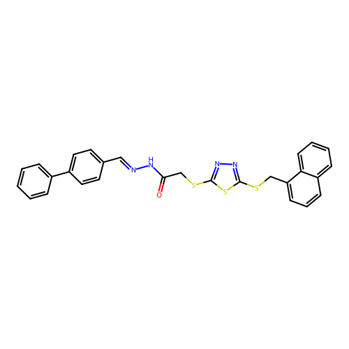 N'-[(E)-biphenyl-4-ylmethylidene]-2-({5-[(naphthalen-1-ylmethyl)sulfanyl]-1,3,4-thiadiazol-2-yl}sulfanyl)acetohydrazide structure