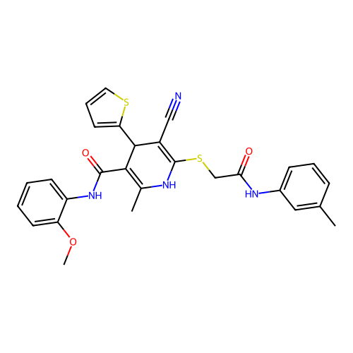 5-cyano-N-(2-methoxyphenyl)-2-methyl-6-((2-oxo-2-(m-tolylamino)ethyl)thio)-4-(thiophen-2-yl)-1,4-dihydropyridine-3-carboxamide structure