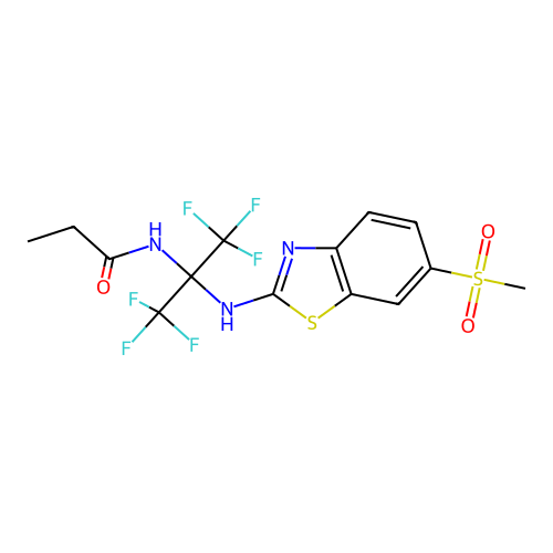 N-(1,1,1,3,3,3-hexafluoro-2-((6-(methylsulfonyl)benzo[d]thiazol-2-yl)amino)propan-2-yl)propionamide structure