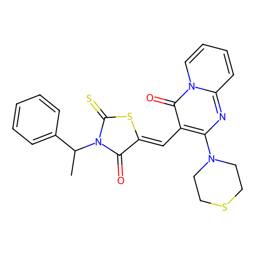 3-{(Z)-[4-oxo-3-(1-phenylethyl)-2-thioxo-1,3-thiazolidin-5-ylidene]methyl}-2-(thiomorpholin-4-yl)-4H-pyrido[1,2-a]pyrimidin-4-one structure