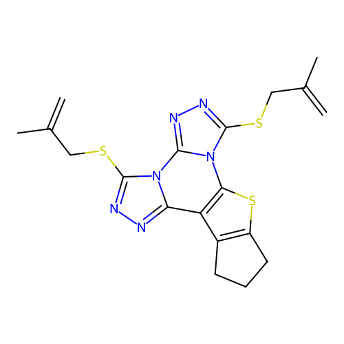 3,7-bis((2-methylallyl)thio)-11,12-dihydro-10H-cyclopenta[4,5]thieno[3,2-e]bis([1,2,4]triazolo)[4,3-a:4',3'-c]pyrimidine structure