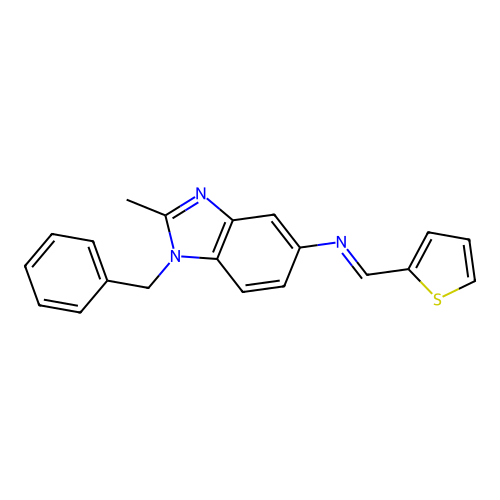 1-benzyl-2-methyl-N-[(E)-thiophen-2-ylmethylidene]-1H-benzimidazol-5-amine structure