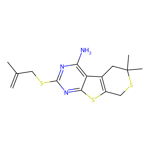 6,6-dimethyl-2-((2-methylallyl)thio)-6,8-dihydro-5H-thiopyrano[4',3':4,5]thieno[2,3-d]pyrimidin-4-amine structure