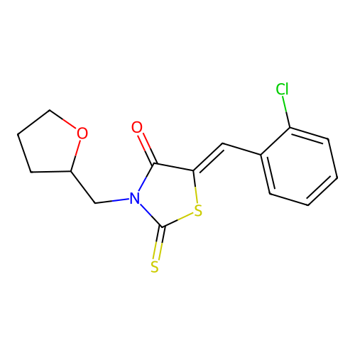 (5Z)-5-(2-chlorobenzylidene)-3-(tetrahydrofuran-2-ylmethyl)-2-thioxo-1,3-thiazolidin-4-one structure