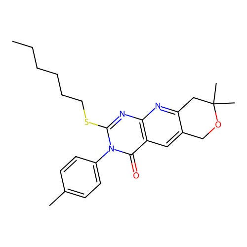 2-(hexylsulfanyl)-8,8-dimethyl-3-(4-methylphenyl)-3,6,8,9-tetrahydro-4H-pyrano[3',4':5,6]pyrido[2,3-d]pyrimidin-4-one structure
