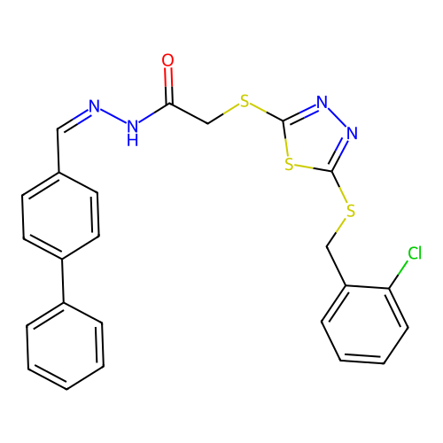 2-[[5-[(2-chlorophenyl)methylsulfanyl]-1,3,4-thiadiazol-2-yl]sulfanyl]-N-[(E)-(4-phenylphenyl)methylideneamino]acetamide structure