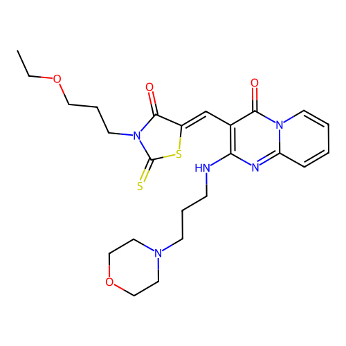 3-{(Z)-[3-(3-ethoxypropyl)-4-oxo-2-thioxo-1,3-thiazolidin-5-ylidene]methyl}-2-{[3-(morpholin-4-yl)propyl]amino}-4H-pyrido[1,2-a]pyrimidin-4-one structure
