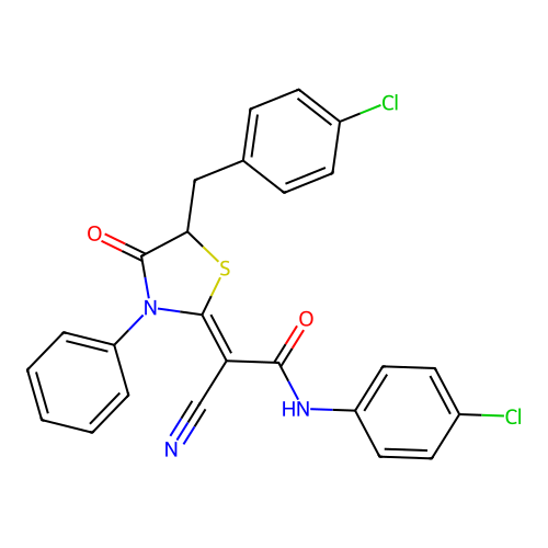 (2Z)-2-[5-(4-chlorobenzyl)-4-oxo-3-phenyl-1,3-thiazolidin-2-ylidene]-N-(4-chlorophenyl)-2-cyanoethanamide structure