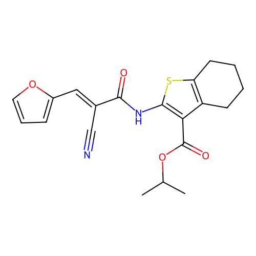 (E)-isopropyl 2-(2-cyano-3-(furan-2-yl)acrylamido)-4,5,6,7-tetrahydrobenzo[b]thiophene-3-carboxylate structure