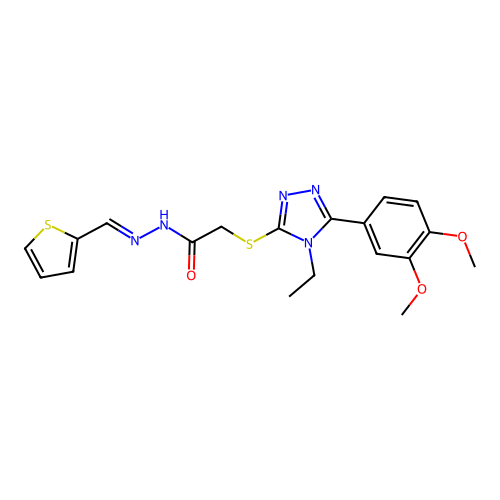 (E)-2-((5-(3,4-dimethoxyphenyl)-4-ethyl-4H-1,2,4-triazol-3-yl)thio)-N'-(thiophen-2-ylmethylene)acetohydrazide structure