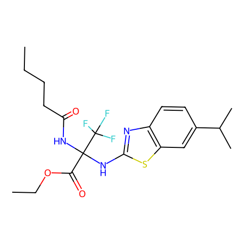 (S)-ethyl 3,3,3-trifluoro-2-((6-isopropylbenzo[d]thiazol-2-yl)amino)-2-pentanamidopropanoate structure