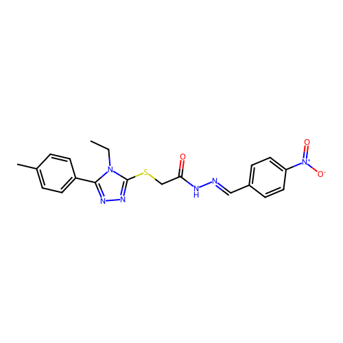 (E)-2-((4-ethyl-5-(p-tolyl)-4H-1,2,4-triazol-3-yl)thio)-N'-(4-nitrobenzylidene)acetohydrazide structure