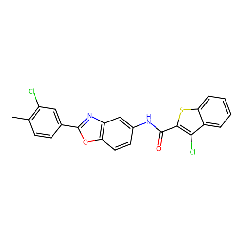 3-chloro-N-[2-(3-chloro-4-methylphenyl)-1,3-benzoxazol-5-yl]-1-benzothiophene-2-carboxamide structure