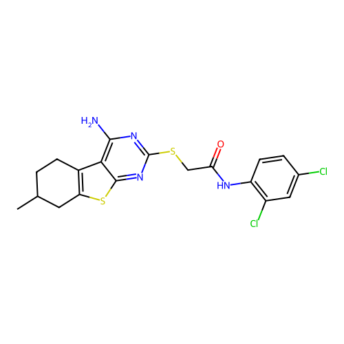 2-((4-amino-7-methyl-5,6,7,8-tetrahydrobenzo[4,5]thieno[2,3-d]pyrimidin-2-yl)thio)-N-(2,4-dichlorophenyl)acetamide structure