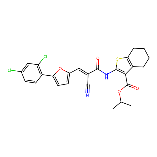(E)-isopropyl 2-(2-cyano-3-(5-(2,4-dichlorophenyl)furan-2-yl)acrylamido)-4,5,6,7-tetrahydrobenzo[b]thiophene-3-carboxylate structure