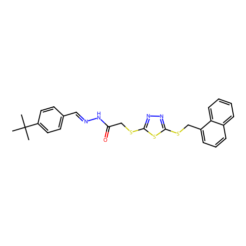 N'-[(E)-(4-tert-butylphenyl)methylidene]-2-({5-[(naphthalen-1-ylmethyl)sulfanyl]-1,3,4-thiadiazol-2-yl}sulfanyl)acetohydrazide structure