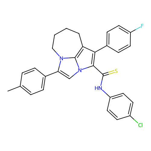 N-(4-chlorophenyl)-1-(4-fluorophenyl)-4-(4-methylphenyl)-5,6,7,8-tetrahydro-2a,4a-diazacyclopenta[cd]azulene-2-carbothioamide structure