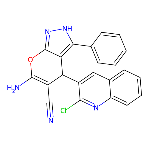 6-amino-4-(2-chloroquinolin-3-yl)-3-phenyl-2,4-dihydropyrano[2,3-c]pyrazole-5-carbonitrile structure