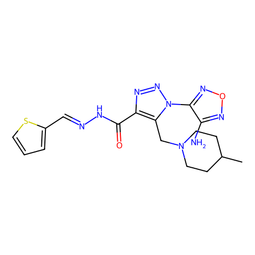 (E)-1-(4-amino-1,2,5-oxadiazol-3-yl)-5-((4-methylpiperidin-1-yl)methyl)-N'-(thiophen-2-ylmethylene)-1H-1,2,3-triazole-4-carbohydrazide structure