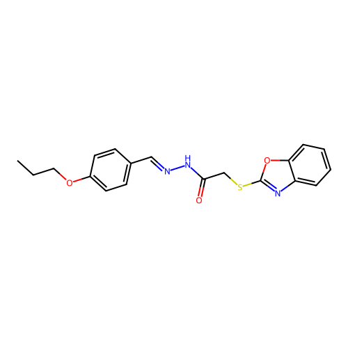 (E)-2-(benzo[d]oxazol-2-ylthio)-N'-(4-propoxybenzylidene)acetohydrazide structure