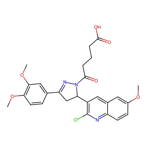 5-(5-(2-chloro-6-methoxyquinolin-3-yl)-3-(3,4-dimethoxyphenyl)-4,5-dihydro-1H-pyrazol-1-yl)-5-oxopentanoic acid structure