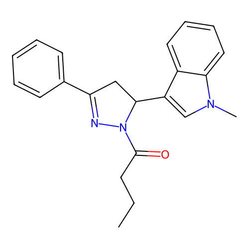1-[5-(1-Methyl-1H-indol-3-yl)-3-phenyl-4,5-dihydro-pyrazol-1-yl]-butan-1-one structure
