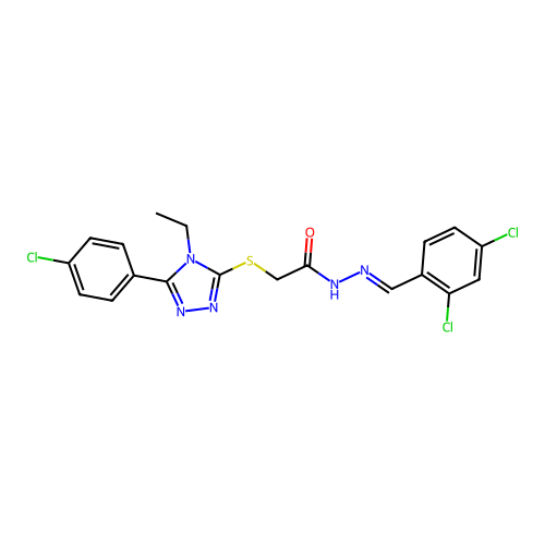 2-{[5-(4-chlorophenyl)-4-ethyl-4H-1,2,4-triazol-3-yl]sulfanyl}-N'-[(E)-(2,4-dichlorophenyl)methylidene]acetohydrazide structure