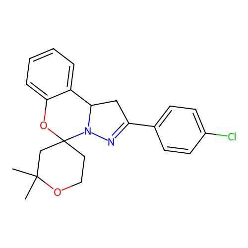 2'-(4-chlorophenyl)-2,2-dimethyl-1',2,3,5,6,10b'-hexahydrospiro[pyran-4,5'-pyrazolo[1,5-c][1,3]benzoxazine] structure