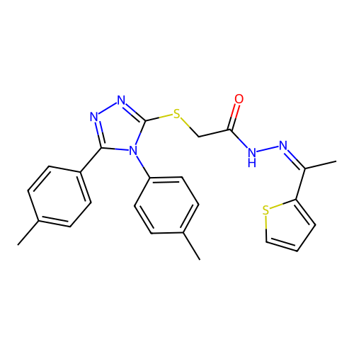 (Z)-2-((4,5-di-p-tolyl-4H-1,2,4-triazol-3-yl)thio)-N'-(1-(thiophen-2-yl)ethylidene)acetohydrazide structure
