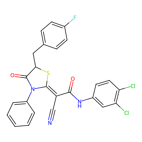 (2Z)-2-cyano-N-(3,4-dichlorophenyl)-2-[5-(4-fluorobenzyl)-4-oxo-3-phenyl-1,3-thiazolidin-2-ylidene]ethanamide structure