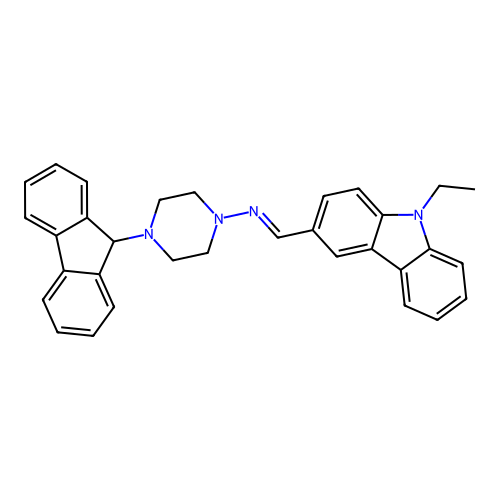 (E)-N-((9-ethyl-9H-carbazol-3-yl)methylene)-4-(9H-fluoren-9-yl)piperazin-1-amine structure