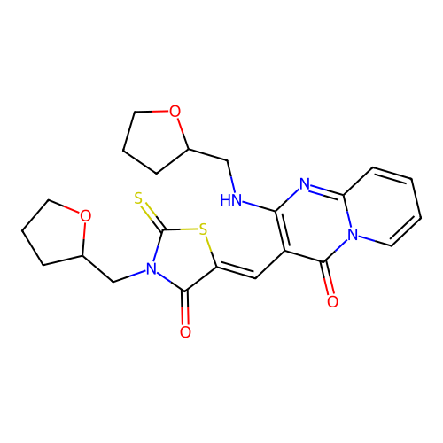 3-{(Z)-[4-oxo-3-(tetrahydrofuran-2-ylmethyl)-2-thioxo-1,3-thiazolidin-5-ylidene]methyl}-2-[(tetrahydrofuran-2-ylmethyl)amino]-4H-pyrido[1,2-a]pyrimidin-4-one structure