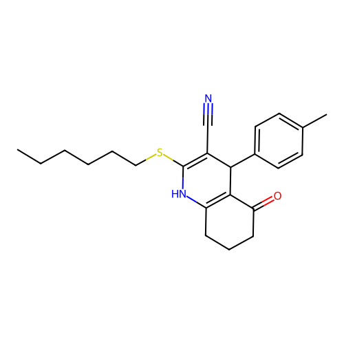 2-hexylsulfanyl-4-(4-methylphenyl)-5-oxo-4,6,7,8-tetrahydro-1H-quinoline-3-carbonitrile structure