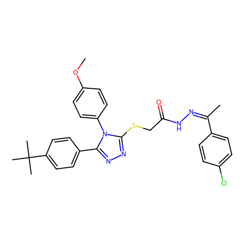 2-[[5-(4-tert-butylphenyl)-4-(4-methoxyphenyl)-1,2,4-triazol-3-yl]sulfanyl]-N-[(Z)-1-(4-chlorophenyl)ethylideneamino]acetamide structure