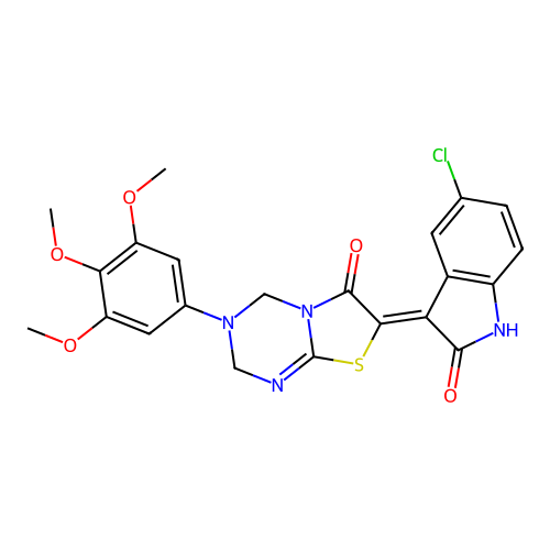 (7Z)-7-(5-chloro-2-oxo-1,2-dihydro-3H-indol-3-ylidene)-3-(3,4,5-trimethoxyphenyl)-3,4-dihydro-2H-[1,3]thiazolo[3,2-a][1,3,5]triazin-6(7H)-one structure