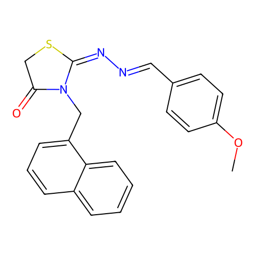 (E)-2-((E)-(4-methoxybenzylidene)hydrazono)-3-(naphthalen-1-ylmethyl)thiazolidin-4-one structure