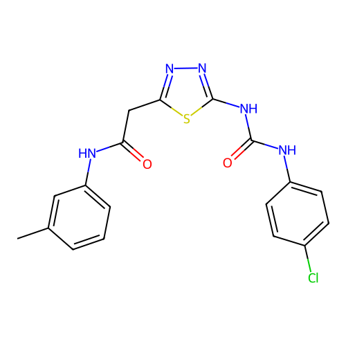 2-(5-{[(4-chlorophenyl)carbamoyl]amino}-1,3,4-thiadiazol-2-yl)-N-(3-methylphenyl)acetamide structure