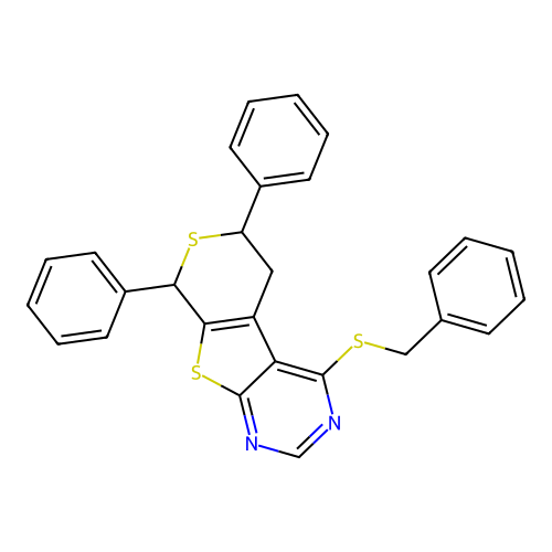 4-(benzylthio)-6,8-diphenyl-6,8-dihydro-5H-thiopyrano[4',3':4,5]thieno[2,3-d]pyrimidine structure