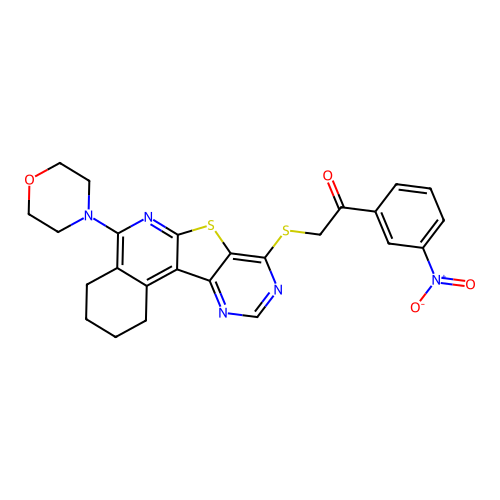 2-((5-morpholino-1,2,3,4-tetrahydropyrimido[4',5':4,5]thieno[2,3-c]isoquinolin-8-yl)thio)-1-(3-nitrophenyl)ethanone structure