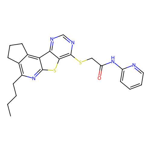 2-((4-butyl-2,3-dihydro-1H-cyclopenta[4',5']pyrido[3',2':4,5]thieno[3,2-d]pyrimidin-7-yl)thio)-N-(pyridin-2-yl)acetamide structure