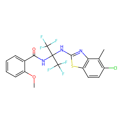 N-(2-((5-chloro-4-methylbenzo[d]thiazol-2-yl)amino)-1,1,1,3,3,3-hexafluoropropan-2-yl)-2-methoxybenzamide structure