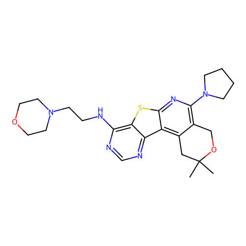 2,2-dimethyl-N-(2-morpholinoethyl)-5-(pyrrolidin-1-yl)-2,4-dihydro-1H-pyrano[4'',3'':4',5']pyrido[3',2':4,5]thieno[3,2-d]pyrimidin-8-amine structure