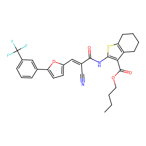 (E)-butyl 2-(2-cyano-3-(5-(3-(trifluoromethyl)phenyl)furan-2-yl)acrylamido)-4,5,6,7-tetrahydrobenzo[b]thiophene-3-carboxylate structure
