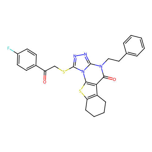 1-((2-(4-fluorophenyl)-2-oxoethyl)thio)-4-phenethyl-6,7,8,9-tetrahydrobenzo[4,5]thieno[3,2-e][1,2,4]triazolo[4,3-a]pyrimidin-5(4H)-one structure