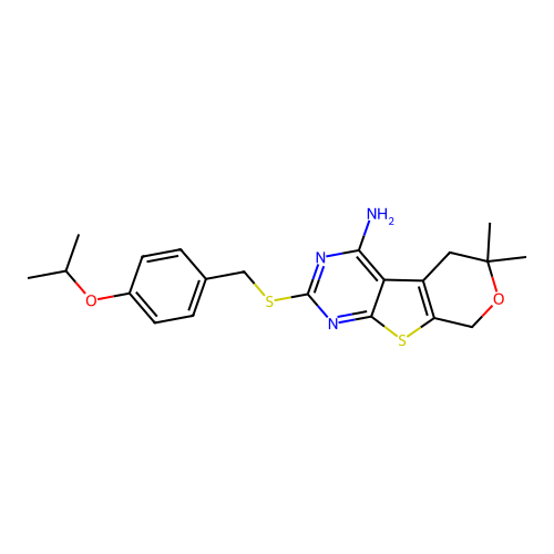 2-((4-isopropoxybenzyl)thio)-6,6-dimethyl-6,8-dihydro-5H-pyrano[4',3':4,5]thieno[2,3-d]pyrimidin-4-amine structure