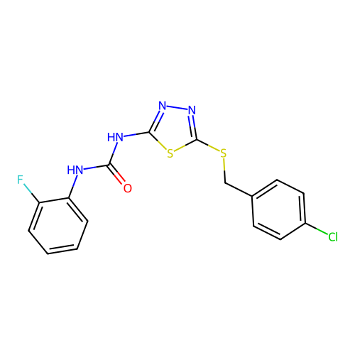1-(5-((4-chlorobenzyl)thio)-1,3,4-thiadiazol-2-yl)-3-(2-fluorophenyl)urea structure